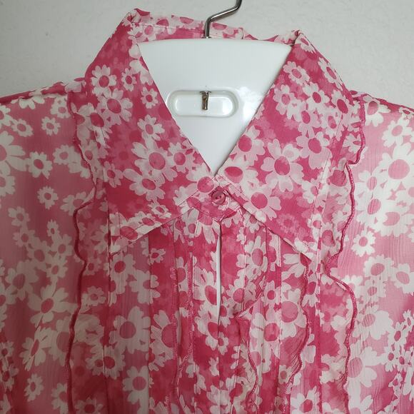 Moda International Silk Ruffled Tuxedo Collared Blouse Sz S Whimsical Romantic - Picture 2 of 8